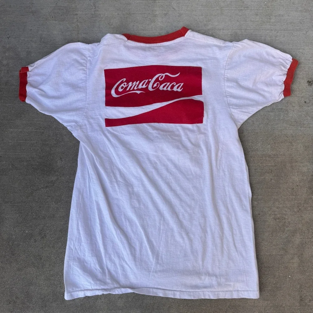 Vintage 60s Coma Caca Coca Cola Parody Ringer T-Shirt Graphic Tee Mens Medium